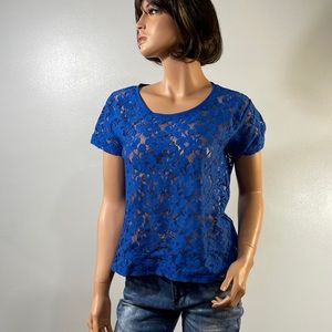 *H&M Royal Blue Sheer Lace Floral Short Sleeve Top Sz S